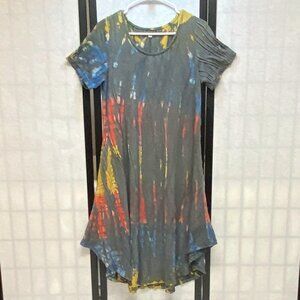 Kathmandu Batik Dyed Tee Dress Grey Multi Short Sleeve Pleated Asymmetrical Hem
